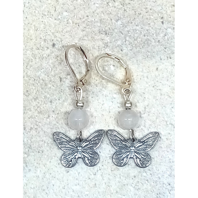 Boucles d'oreilles quartz rose papillon