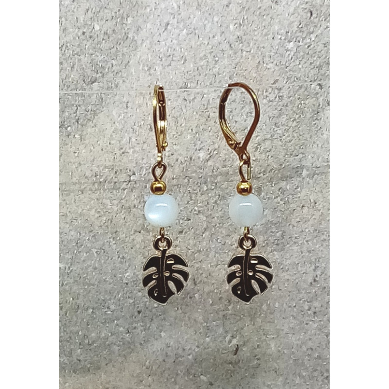 Boucles d'oreilles pierre de lune feuille doré