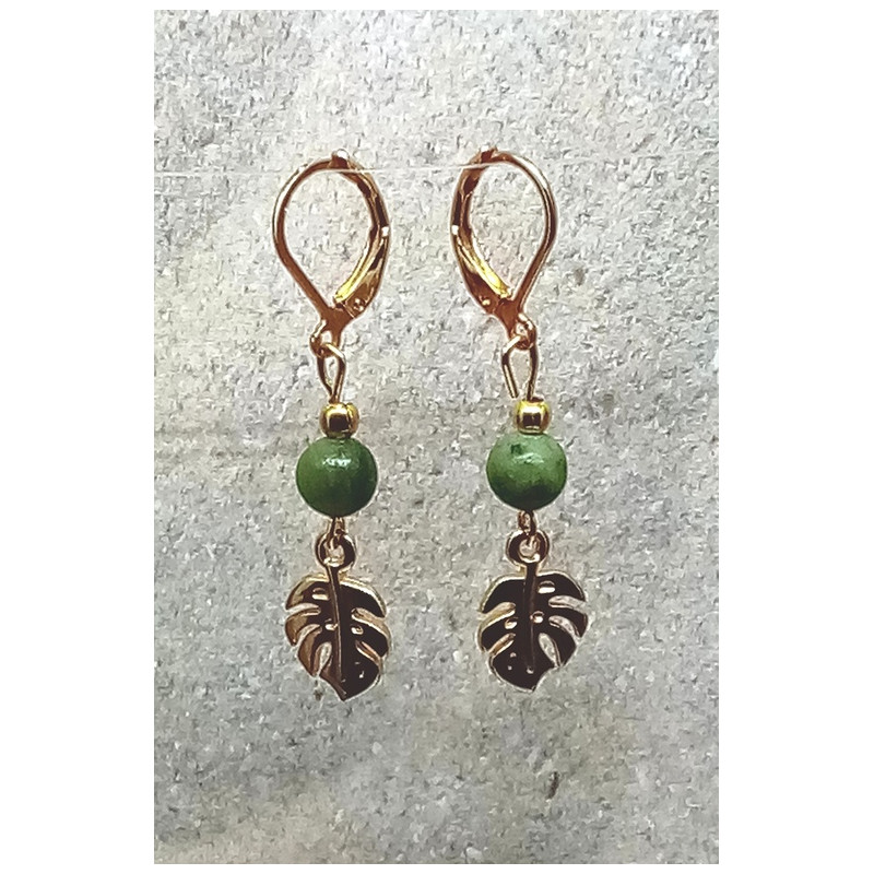Boucles d'oreilles jade feuille doré