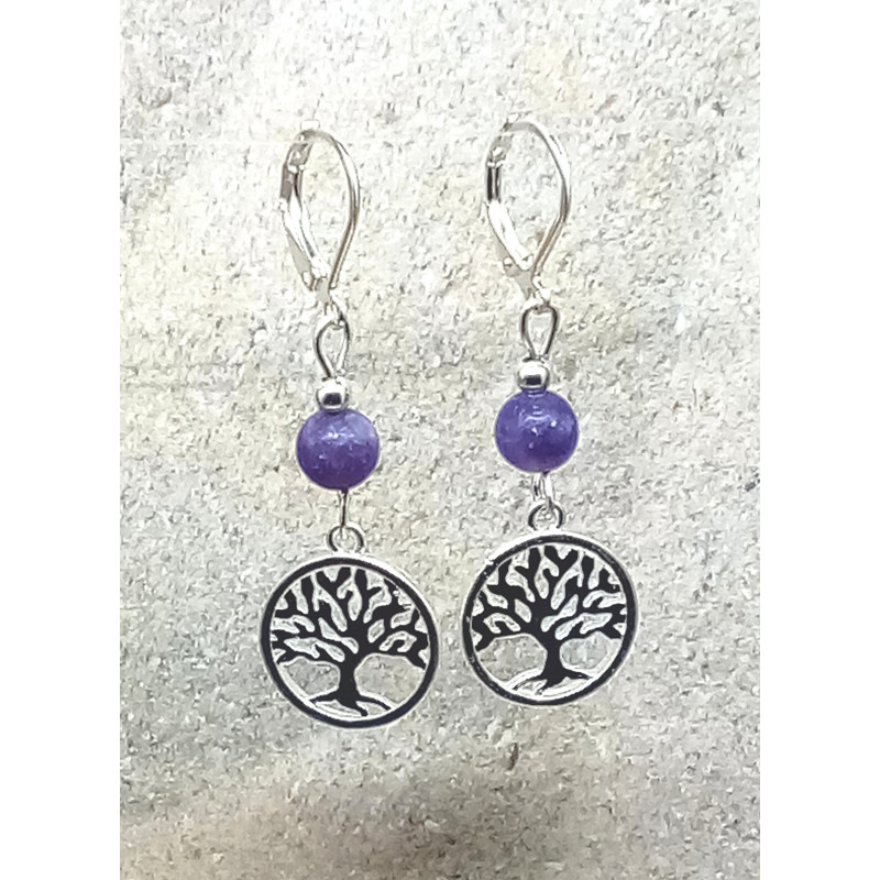 Boucles d'oreilles lépidolite arbre de vie