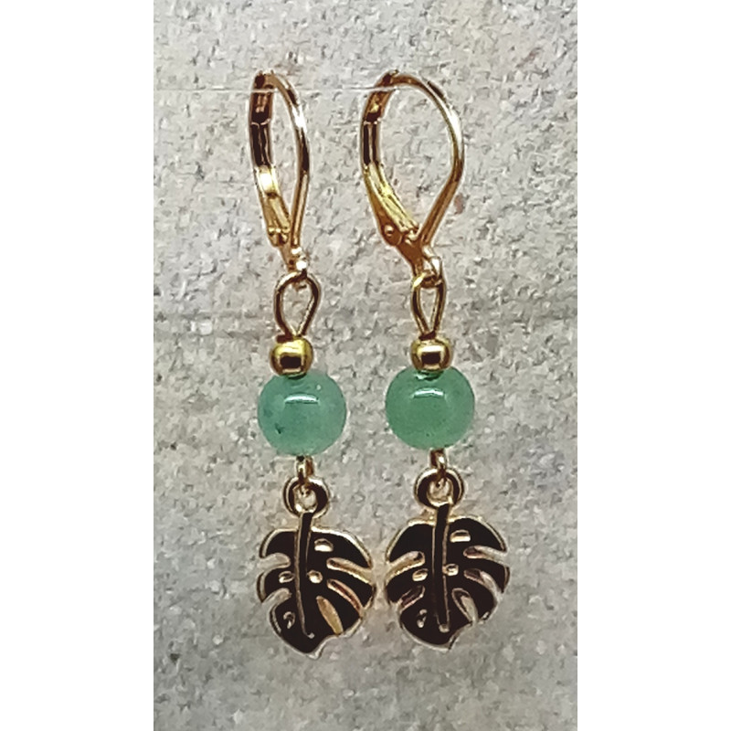 Boucles d'oreilles aventurine feuille doré
