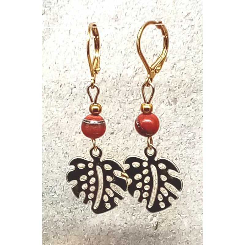 Boucles d'oreilles jaspe rouge feuille doré
