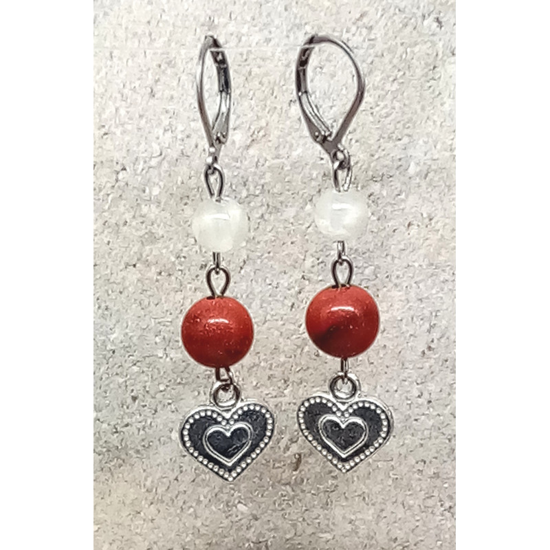 Boucles d'oreilles jaspe rouge sélénite cœur
