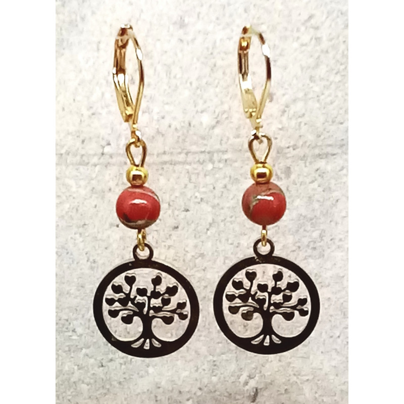 Boucles d'oreilles jaspe rouge arbre de vie doré