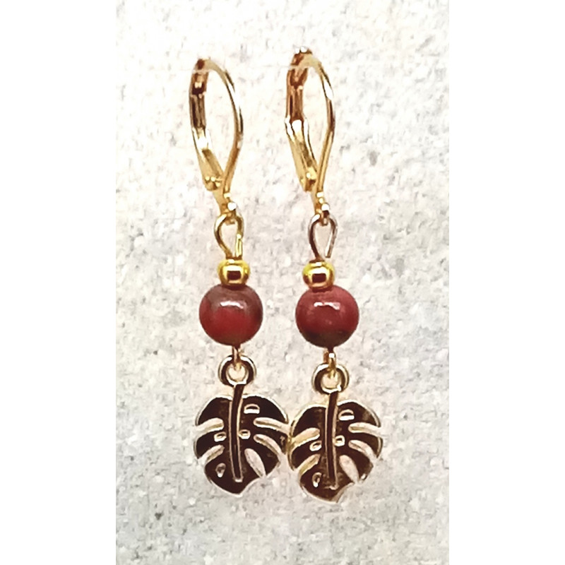Boucles d'oreille  jaspe rouge feuille doré