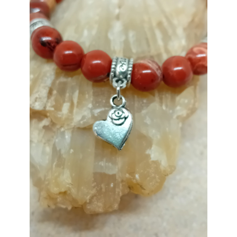 Bracelet jaspe rouge cœur argenté