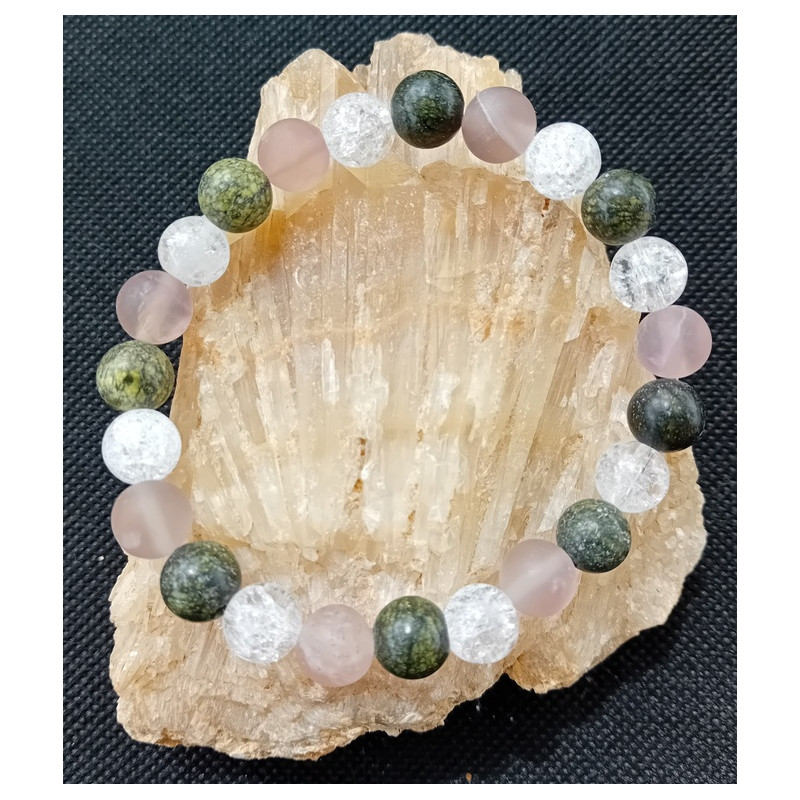 Bracelet cristal de roche craquelé serpentine fluorite 8 mm