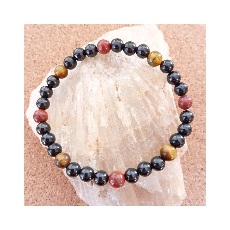 Bracelet spinelle noire jaspe rouge œil du tigre 6 mm