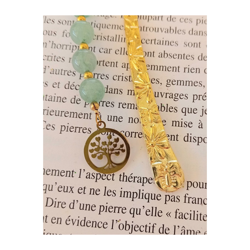 Marque pages aventurine arbre de vie doré