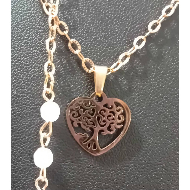 Pendentif Cœur en Acier Inoxydable Rose & Quartz Rose arbre de vie