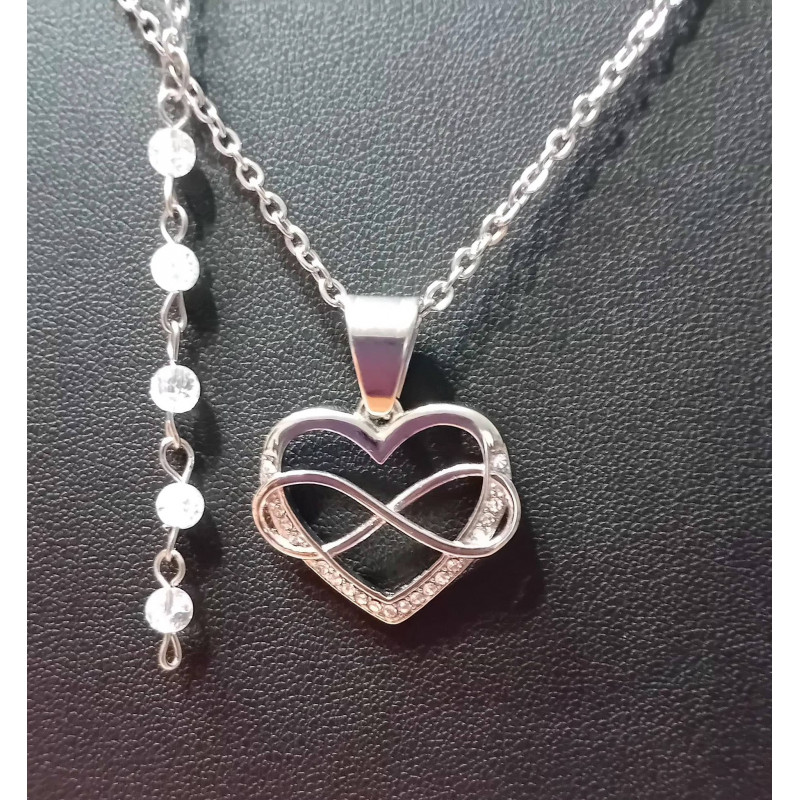 Pendentif cœur infini acier inoxydable strass cristal de roche