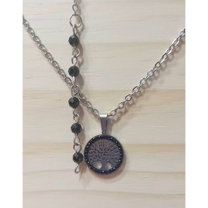 Pendentif arbre de vie acier inoxydable obsidienne