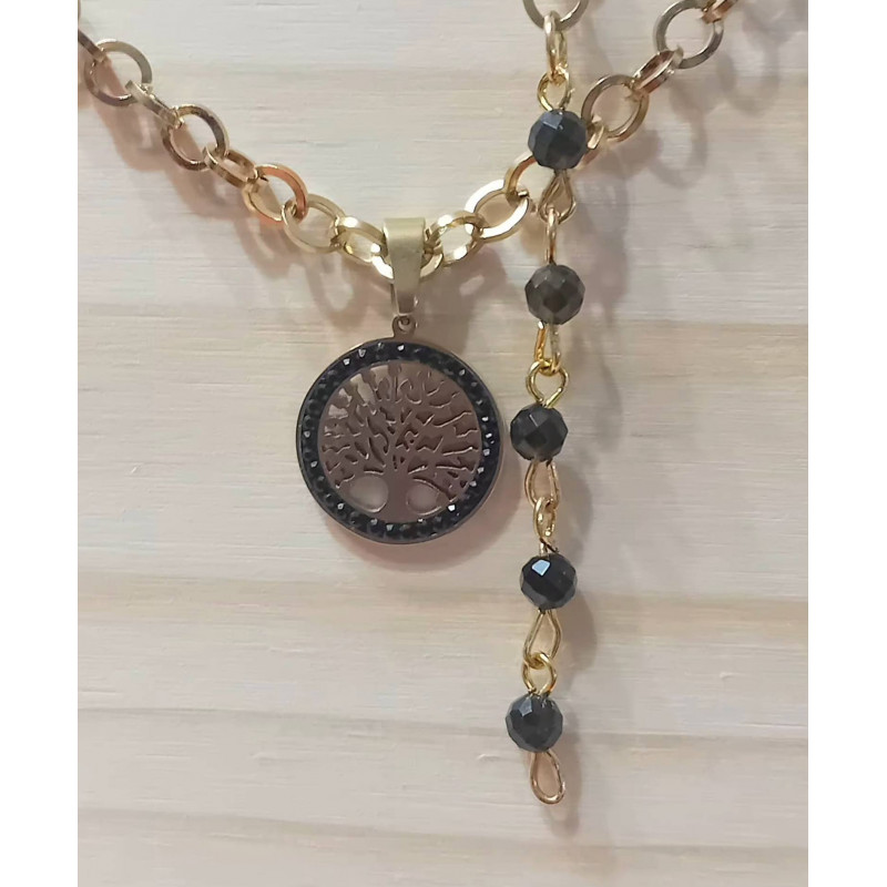 Pendentif arbre de vie acier inoxydable doré obsidienne