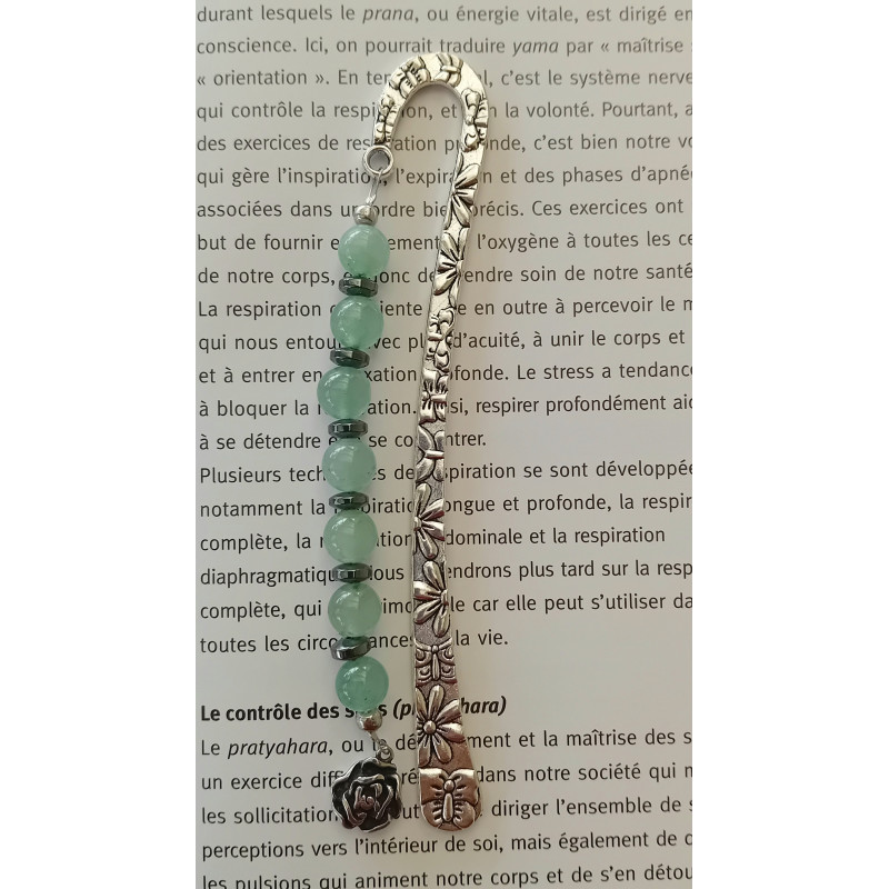 Marque-pages argenté fleur aventurine hématite 8 mm
