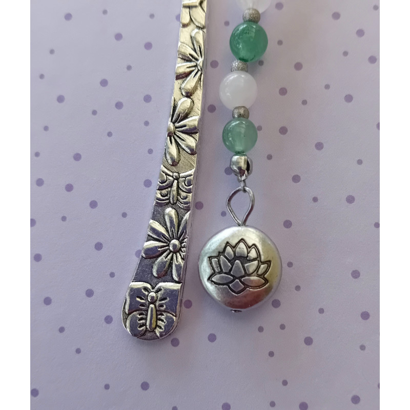 Marque-pages argenté lotus aventurine quartz rose 6 mm