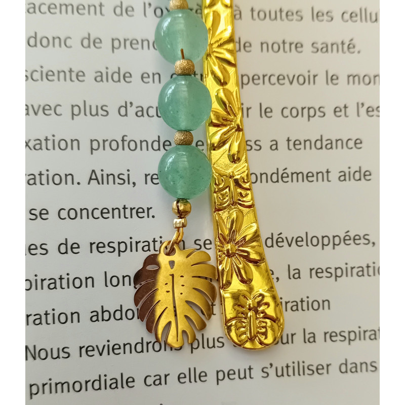 Marque pages aventurine feuille doré 8 mm