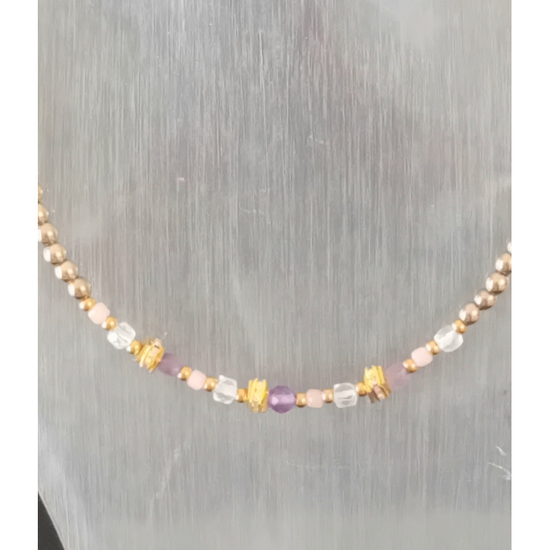 Ras de cou élégance – améthyste opale rose  & Cristal de roche