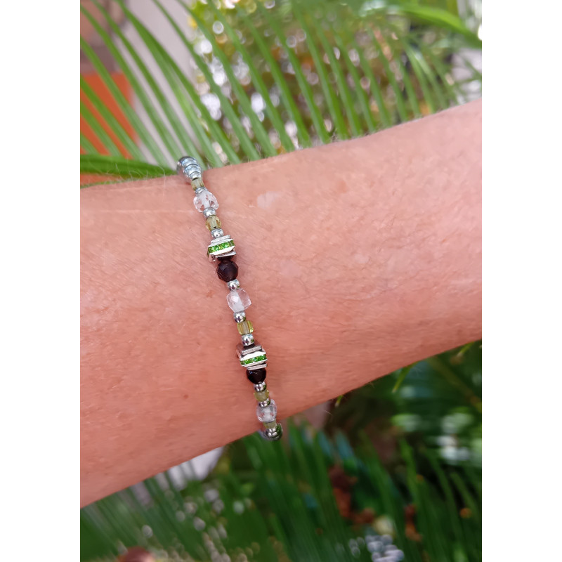 Bracelet élégance – Péridot Obsidienne noire & Cristal de roche